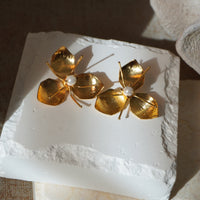 Pearl Flower Earring. elegant petals and pistils. Plated with 24k gold