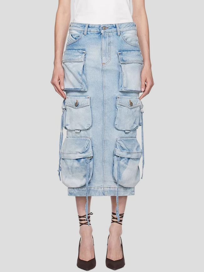 Slit Midi Denim Skirt with Pockets